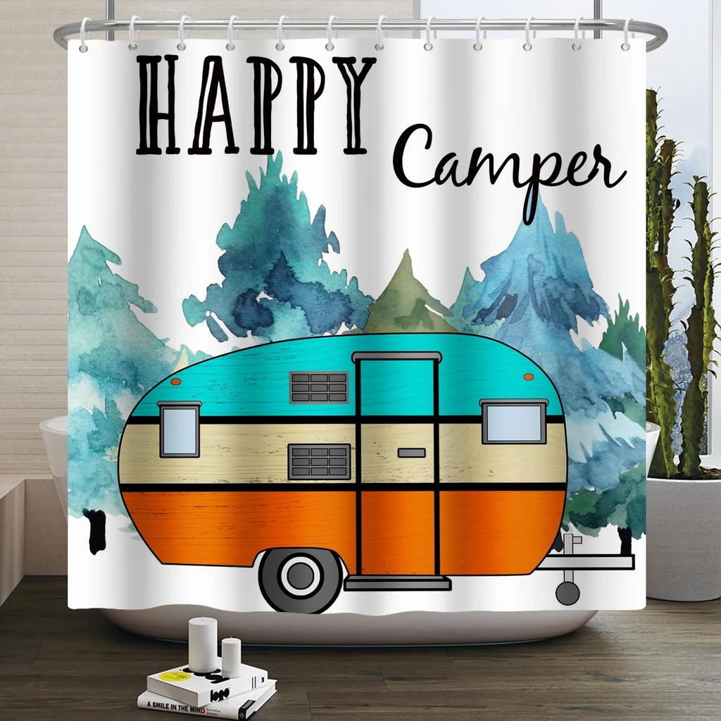 Занавеска для душа Кемпер Счастливый Кемпер Прицеп Автомобиль Автодом Лес Гора Палатка Кемпинг Ванная Занавеска для душа Водонепроницаемая Занавеска для ванны