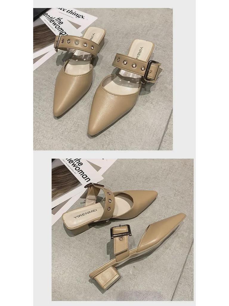 Женские закрытые босоножки-мюли с заклепками и острым носком — толстый каблук, стильные и универсальные тапочки для верхней одежды.