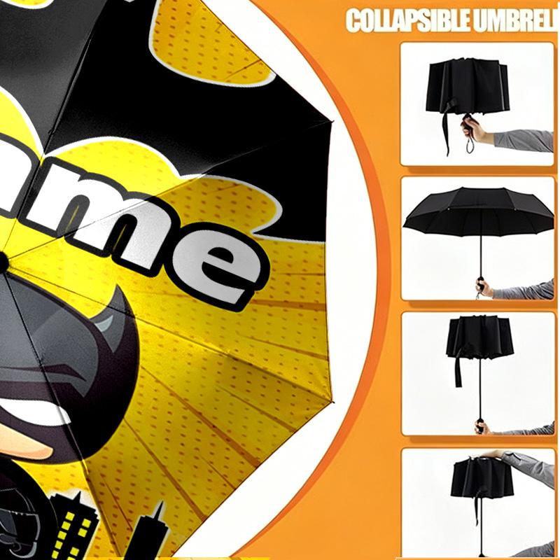 Custom Name Personalized Batman Print Umbrella, Auto Open Close, 8‑Rib Sturdy Frame, Commute Camping Hiking Use, Birthday Gift