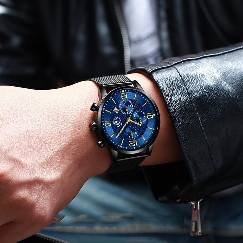 Модные черные мужские часы из нержавеющей стали, кварцевые наручные часы с календарем, роскошные мужские часы с круглым циферблатом, аналоговые часы, браслет, набор