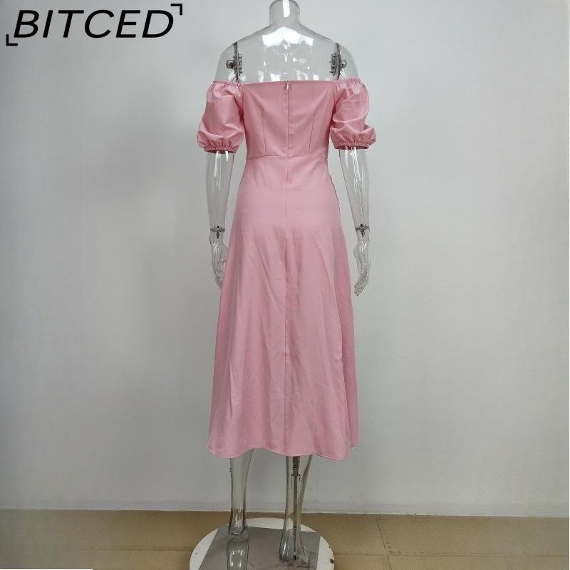 BITCED Весенне-летнее длинное платье женское повседневное с рукавами-буфами, завязкой на талии и разрезом