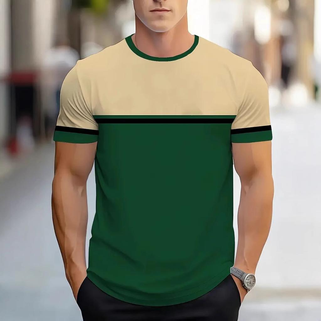 Summer Round Neck Color - Block Striped 3D Print Top Fashionable Casual Short Sleeved Men's T-shirts