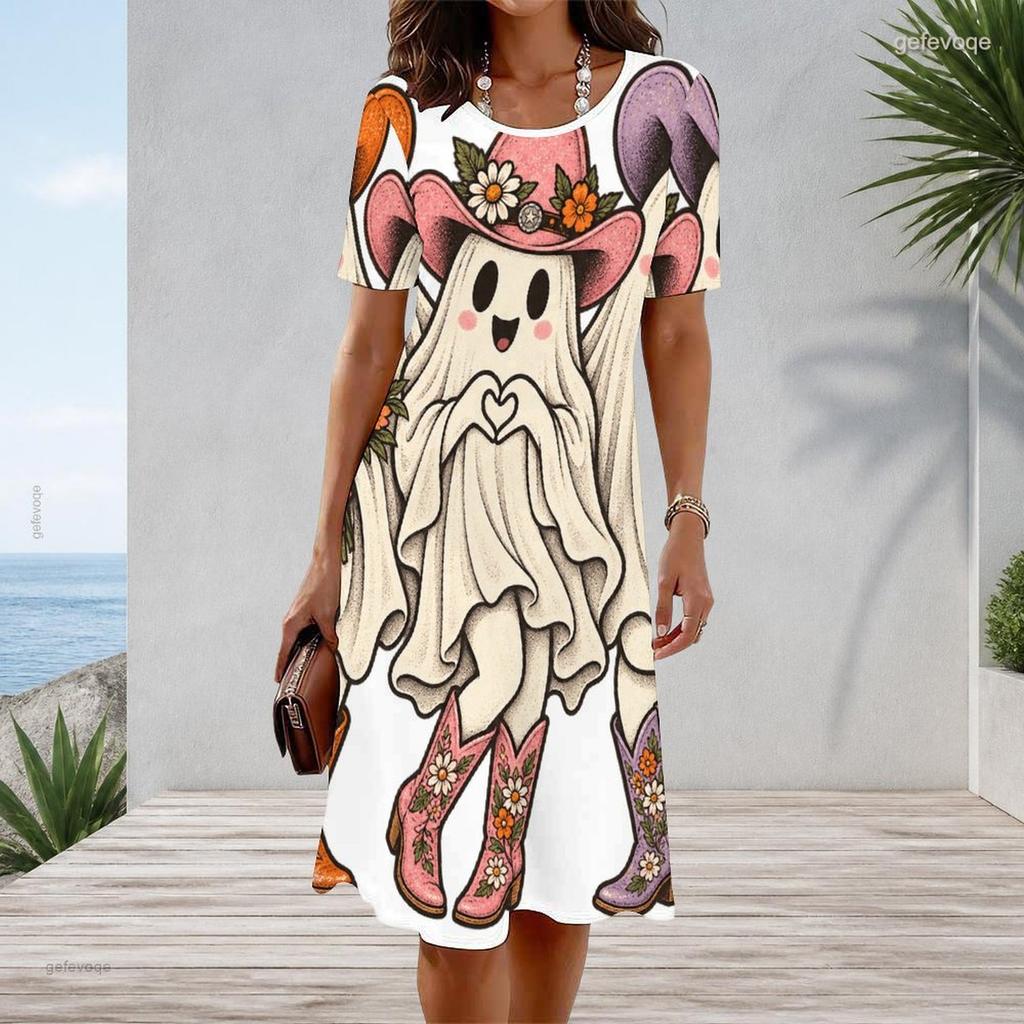 Women Plus Size Round Neck Short Sleeve A Line Halloween Bear Pumpkin Printed Dress