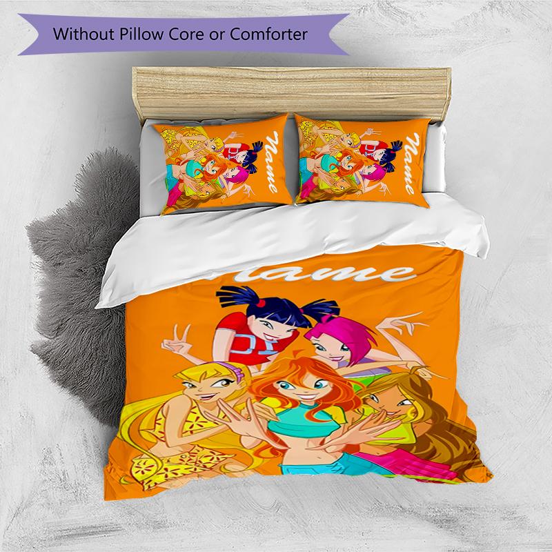 3pcs Custom Name Winx Club Bedding Set Duvet Cover Closure Includes 1 Duvet Cover & 2 Pillowcases for All Seasons Bedroom Decor
