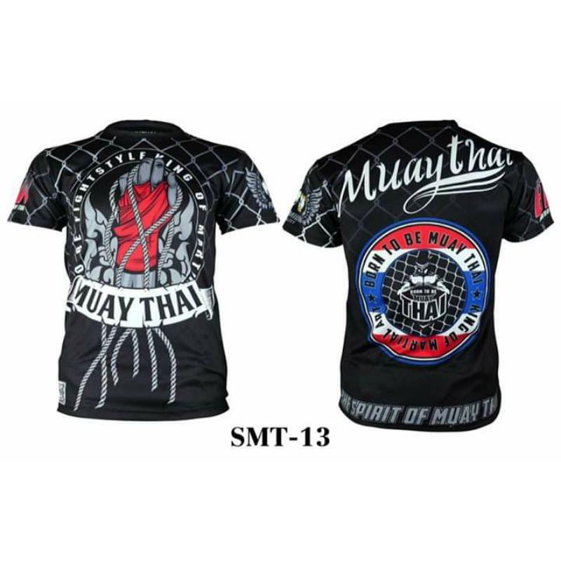 Футболка с коротким рукавом с принтом Муай Тай Кикбоксинг ММА Полиэстер Таиланд Черный Круглый вырез