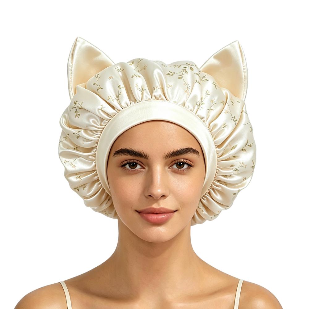Elastic Band Cat Ear Sleep Cap Breathable Hair Protection Hat New Satin Hair Bonnet Night Sleep