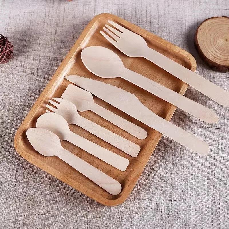 100pcs Disposable Wooden Spoon Knife Forks Biodegradable EcoFriendly Tableware Western Dessert Ice Cream Scoop for Party Picnic