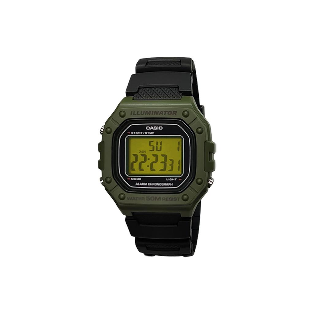 Casio Часы из Коллекции на Заказ Кварцевый Механизм Ремешок из Смолы Мужские Часы Зеленый Циферблат W-218H-3A(Watch5--)