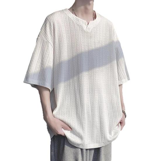 Мужская футболка с V-образным вырезом, коротким рукавом, текстурой с переплетением, однотонная свободная посадка, повседневные топы из ледяного шелка, повседневная одежда