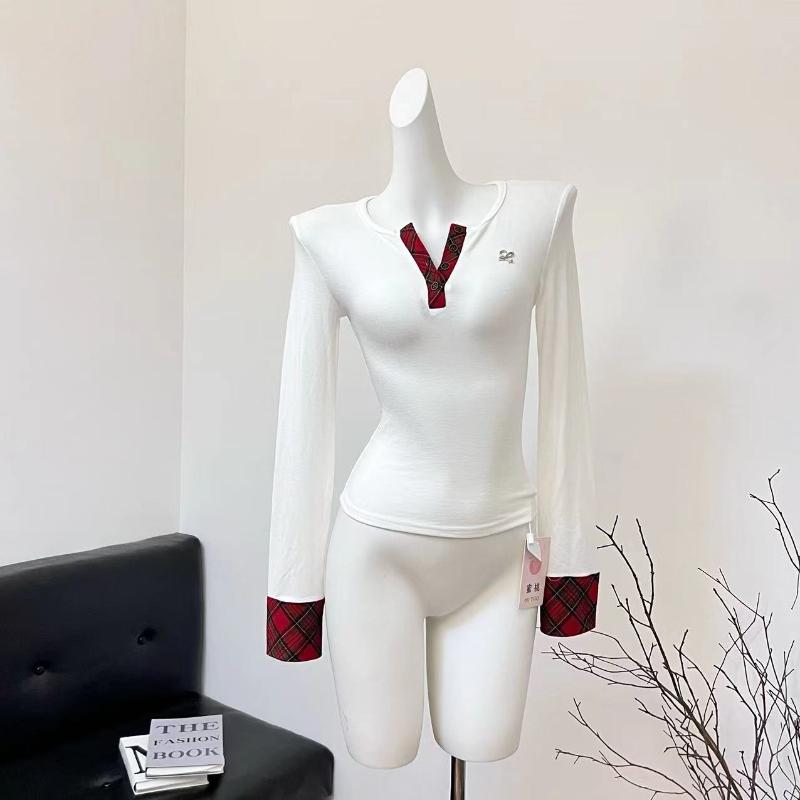 Корейские дизайнерские клетчатые футболки женские осенне-зимние лоскутные футболки с длинным рукавом винтажные топы с круглым вырезом в стиле 2000-х годов