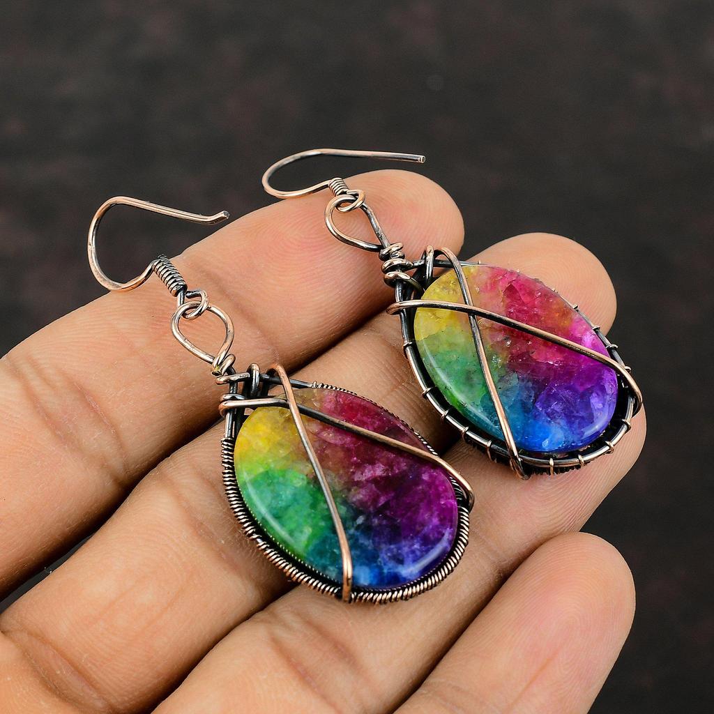 Радужные солнечные кварцевые серьги-друзы, серьги из медной проволоки, серьги ручной работы, ювелирные изделия из драгоценных камней, висячие серьги, медная проволока, ювелирные изделия, подарок для женщин