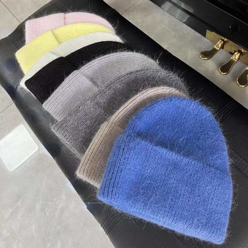 2024 Ангорская вязаная зимняя шапка для женщин из меха кролика, пушистые вязаные шапки, корейская роскошная шапка для женщин, мягкие теплые шапки Skullies