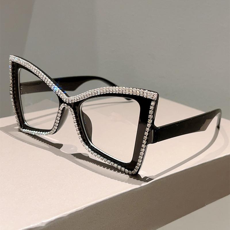 Trendy Retro Oversize Cat Eye Frame Women Crystal Shiny Decor Glasses Blue Light Blocking Ins Brand Design Eyewear