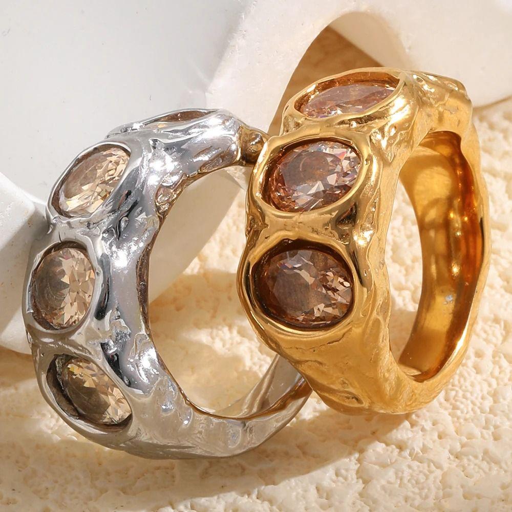 Hammered Finish Oval Zircon Ring Oval Cut Gold Plated Band Elegant Stainless Steel Ring for Women