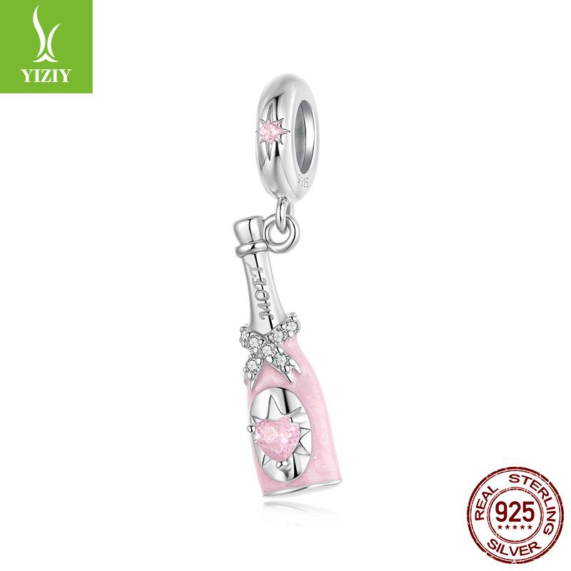 Romantic Pink Champagne S925 Sterling Silver Pendant Accessories Sweet Cool Versatile Diy Charm Beads