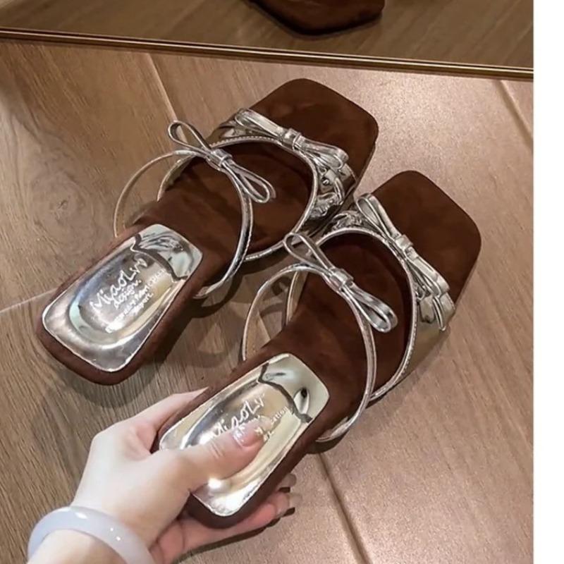 Fashion Bow wedge flip-flops Women wear 2024 new French square head open-toed line band fashion retro with skirt heels