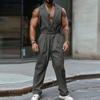 Men Lapel V Neck Solid Color Jumpsuits Casual Zipper Long Rompers