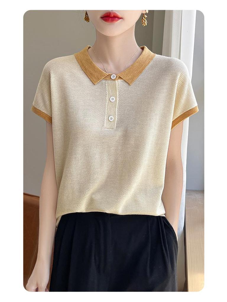 Женская футболка Tencel Colorblock Polo Collar с коротким рукавом и контрастным принтом – стильный, свободный, летний топ, который омолаживает