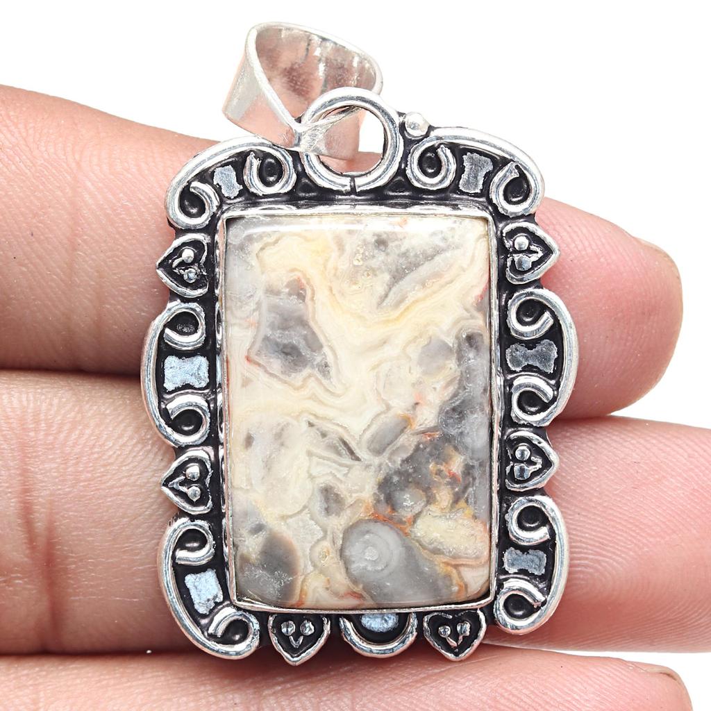 Подвеска Crazy Lace Agate Gemstone Valentine'Day Ethnic Silver Jewelry 2"
