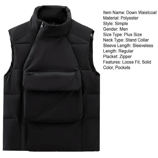 Мужской пуховик с воротником-стойкой, без рукавов, косая застежка-молния, жилет, пальто с передними карманами, однотонное хлопковое пальто