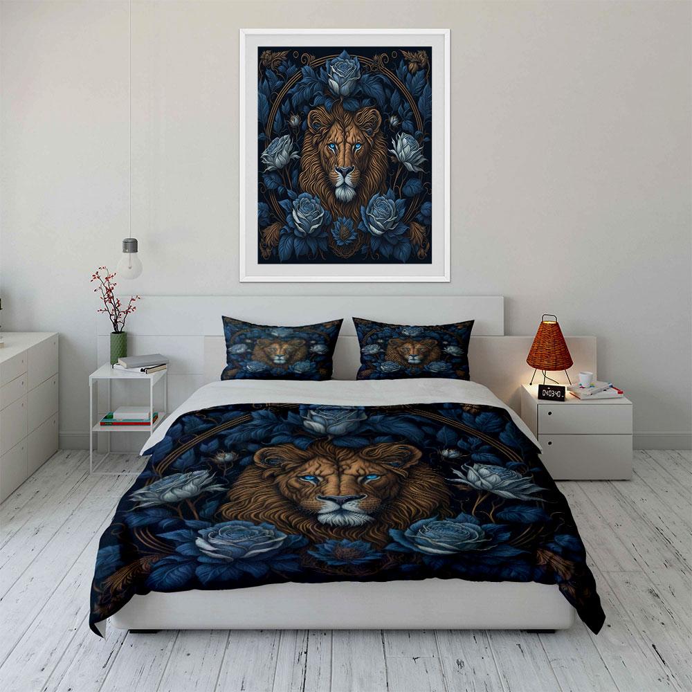 "Lion Rose Art Decor Set" Bedding Set with 1 Duvet Cover 2 Pillowcases Single Double King Queen, Gift