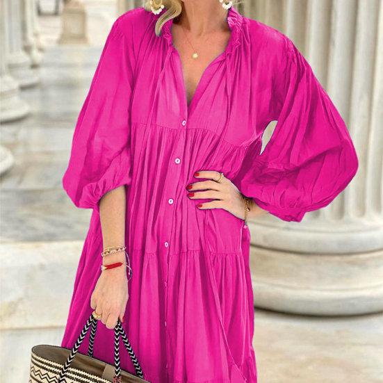 Женское платье макси с воротником-стойкой и V-образным вырезом Свободные заплатки Сплошной цвет с V-образным вырезом Половинное однобортное платье полной длины с длинным рукавом Леди Весенне-осеннее платье