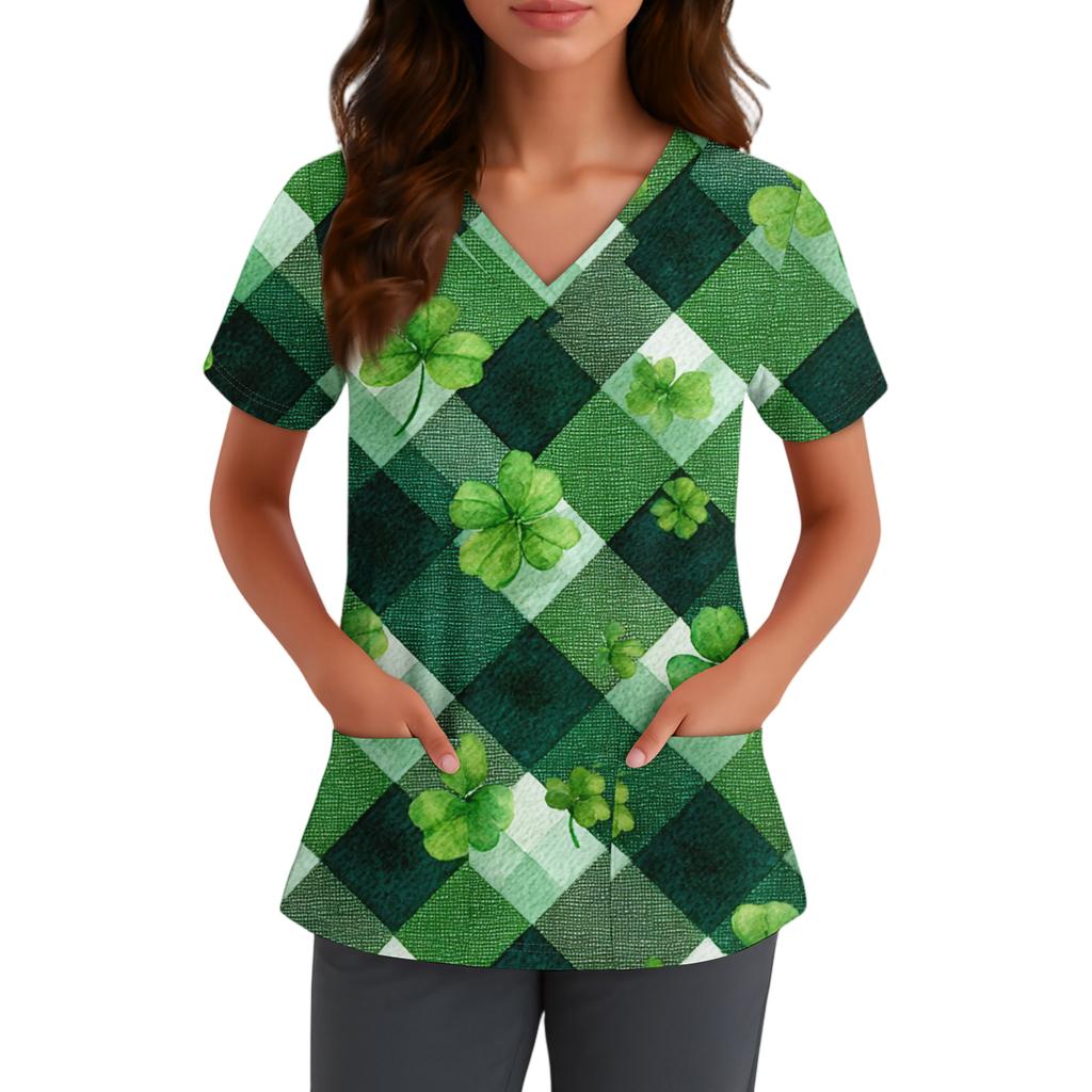 Женский модный рабочий топ с V-образным вырезом, принтом, короткими рукавами, карманом, боковым разрезом, базовый пуловер