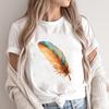 (Asian Size) Print Short Sleeve T-shirts Casual Women's Fashion Feather Printing Cute Clothing T Female Top Graphic Tee