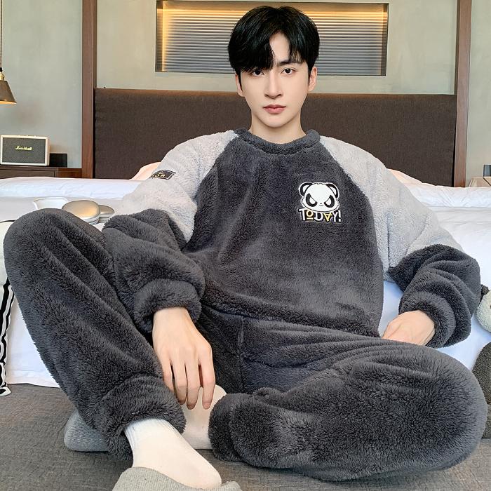Осенне-зимний комплект мужской пижамы из кораллового флиса, утепленная фланель, теплая пижама большого размера с рисунком, мягкая пижама для мужчин, домашняя одежда