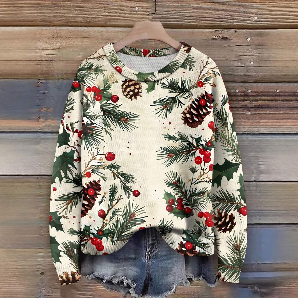 Long Sleeve Pullover Sweaters For Women O Neck Casual Cute Printing Knit Oversized Sweater