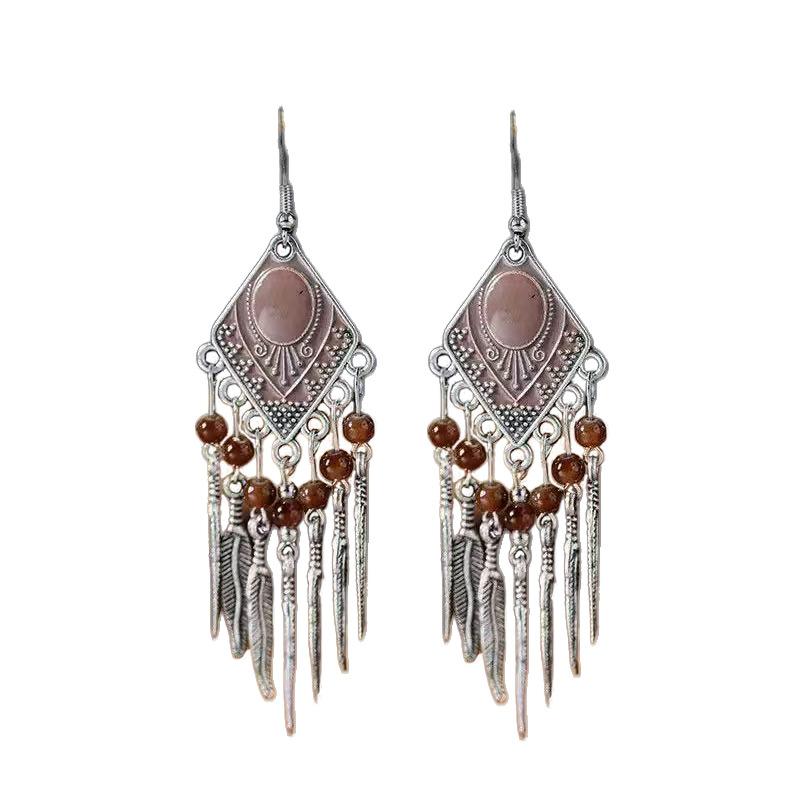 Vintage Ethnic Crystal Drop Oil Dangle Earring for Women Rhombus Leaf Tassel Earrings Vacation Style Jewelry Accessories