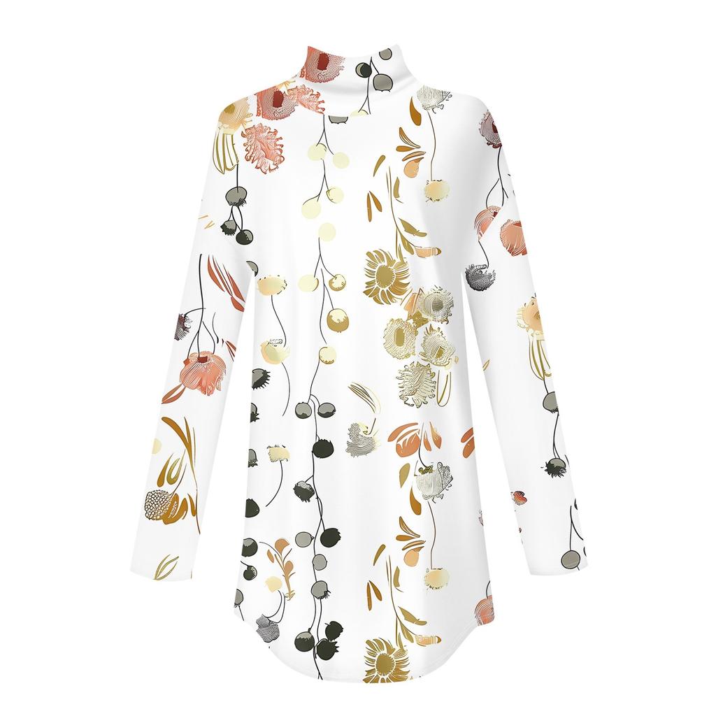 Женская модная повседневная футболка с длинным рукавом с высоким воротом и принтом, пуловер, топ