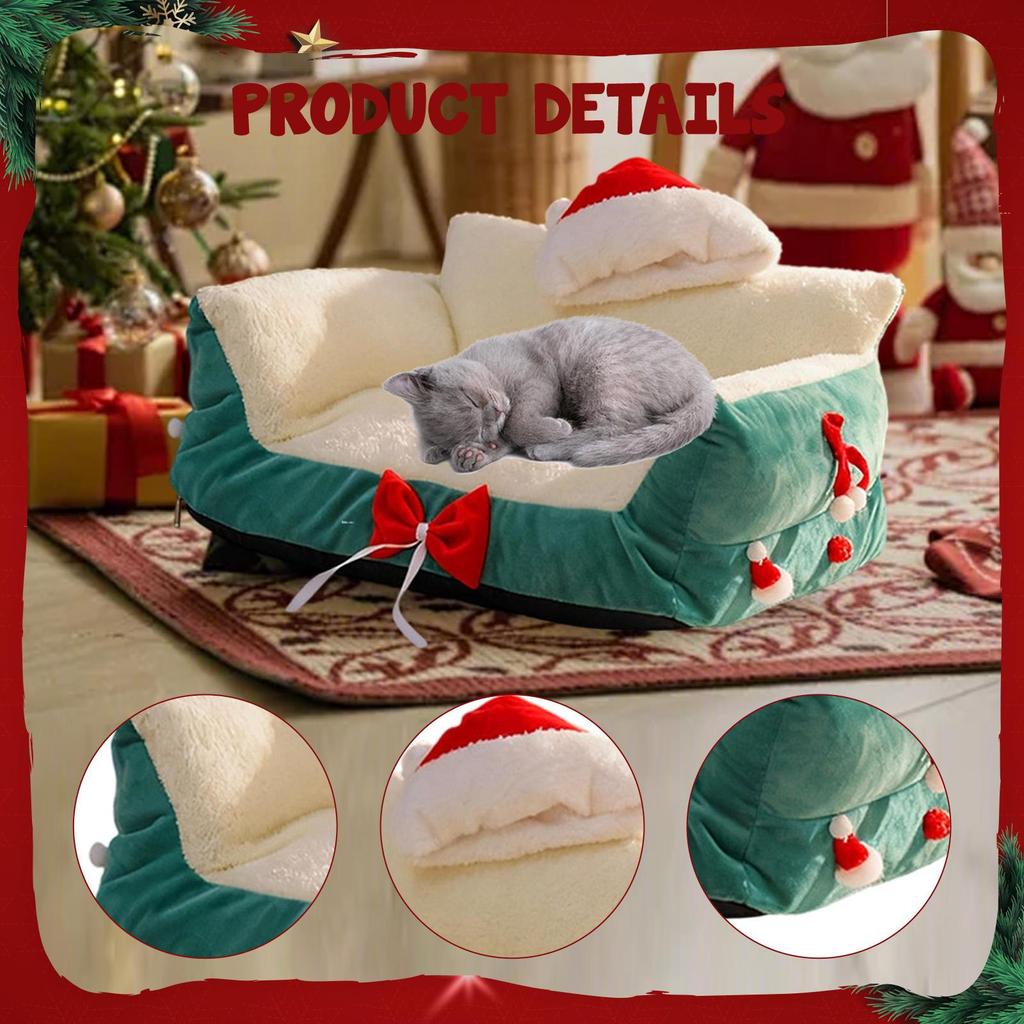 Cat Bed Sofa Pet Couch As Cute Furniture with Christmas Hat And Bows, Scratch-resistant