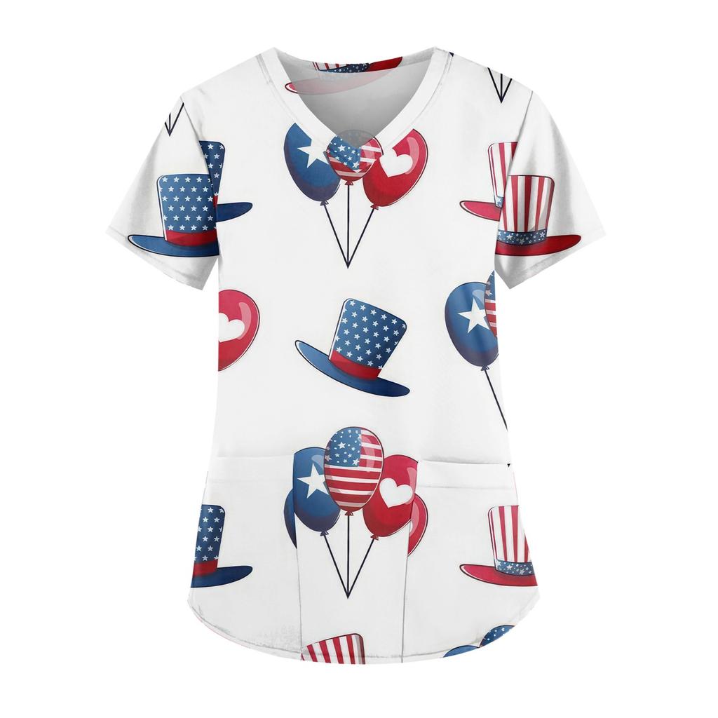 Plus Size Printed Scrub Working Uniform Tops For Women's Cross V Neck Independence Day Print Short Sleeve Fun T-Shirts Workwear Tee With Pockets