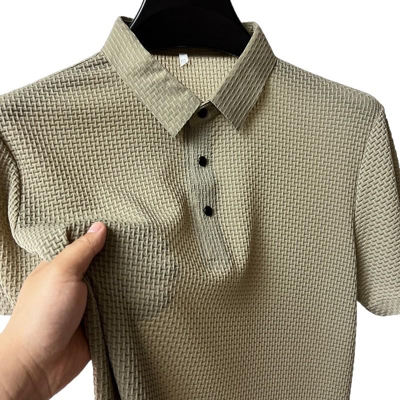 Мужское европейское и американское поло с коротким рукавом из ледяного шелка - Бесшовное, Высокая эластичность, Круглый вырез, Деловой кэжуал