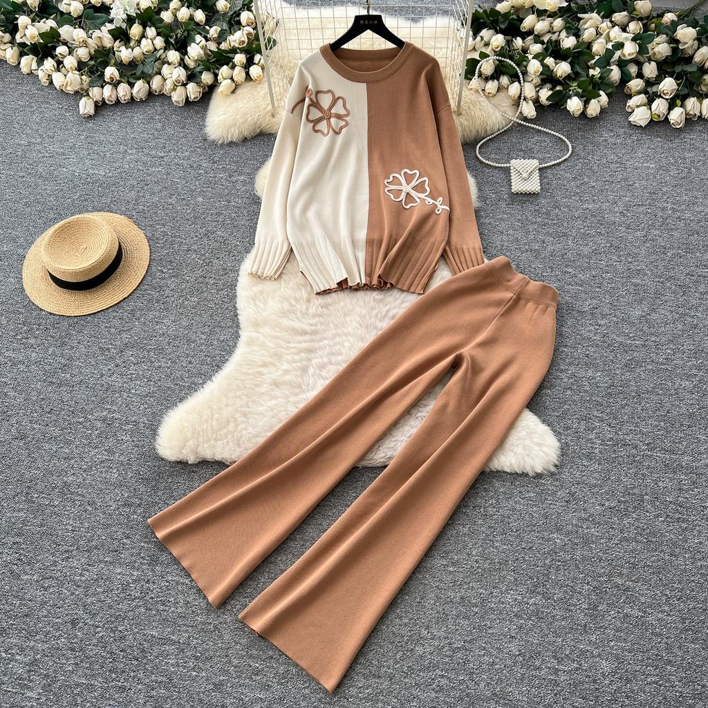Autumn Winter Women Flower Pattern Knitted Sweater Trouser Two Piece Set O-neck Pullover Tops and Wide Leg Pant Tracksuit
