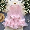 Sweet Pink 3D Floral Beach Short Dress Female Long Sleeves Lace Up Ruffle Chiffon Cake Sundress Sheer Sexy Vintage Bohemian Dress