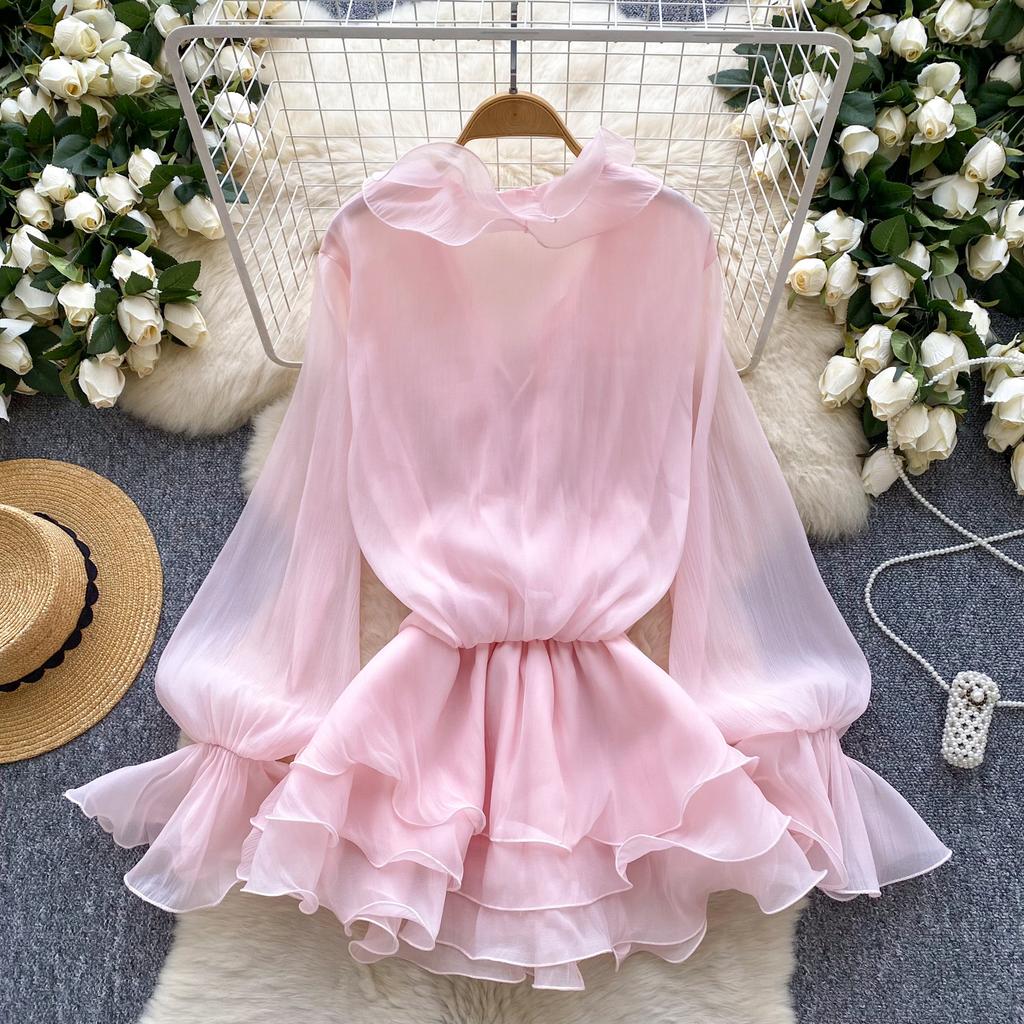 Sweet Pink 3D Floral Beach Short Dress Female Long Sleeves Lace Up Ruffle Chiffon Cake Sundress Sheer Sexy Vintage Bohemian Dress