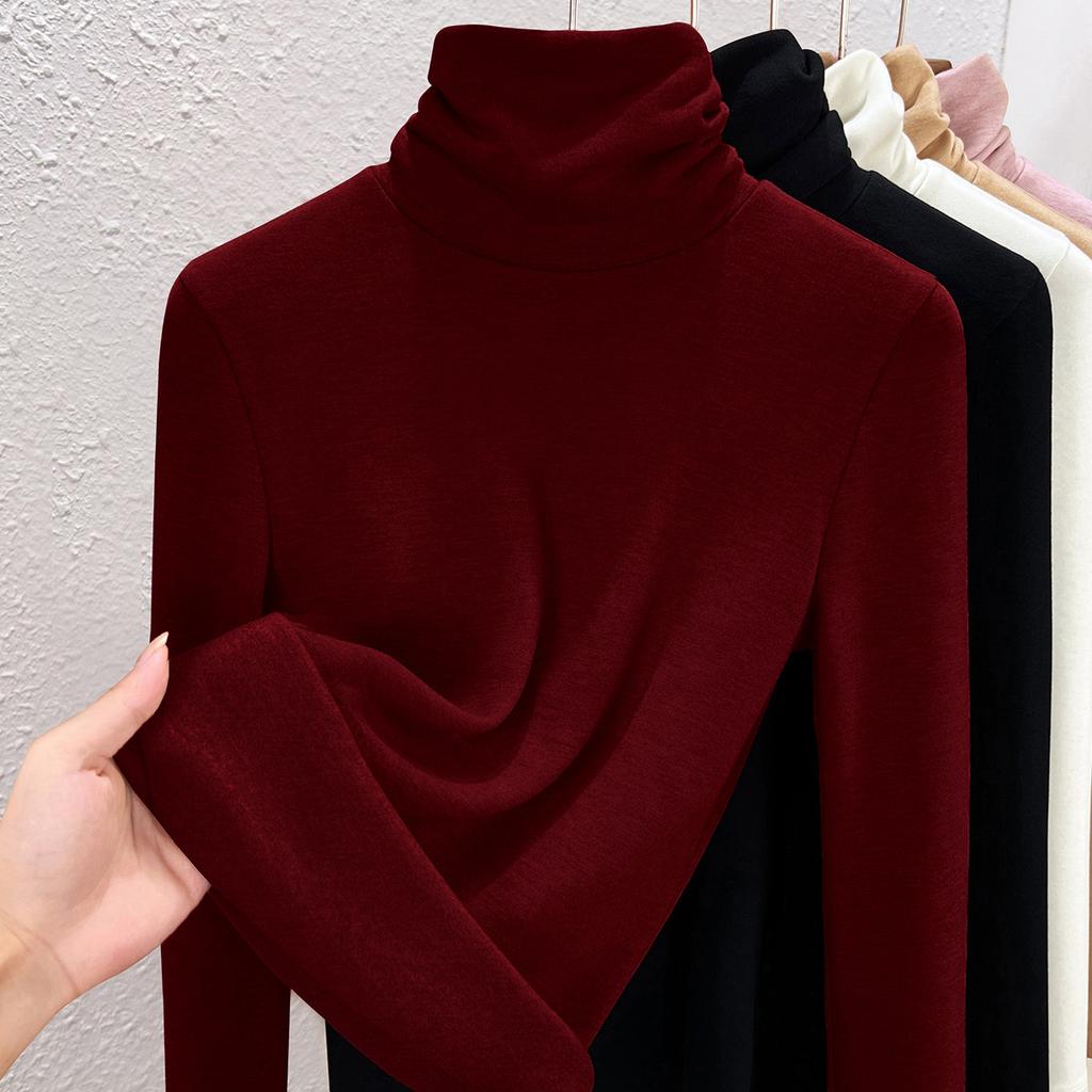 Autumn and Winter Women's Clothing Containing Wool and Silk Bottoming Shirt Women's Inner Heating Fleece Warm Turtleneck Top with Fleece and Thicker