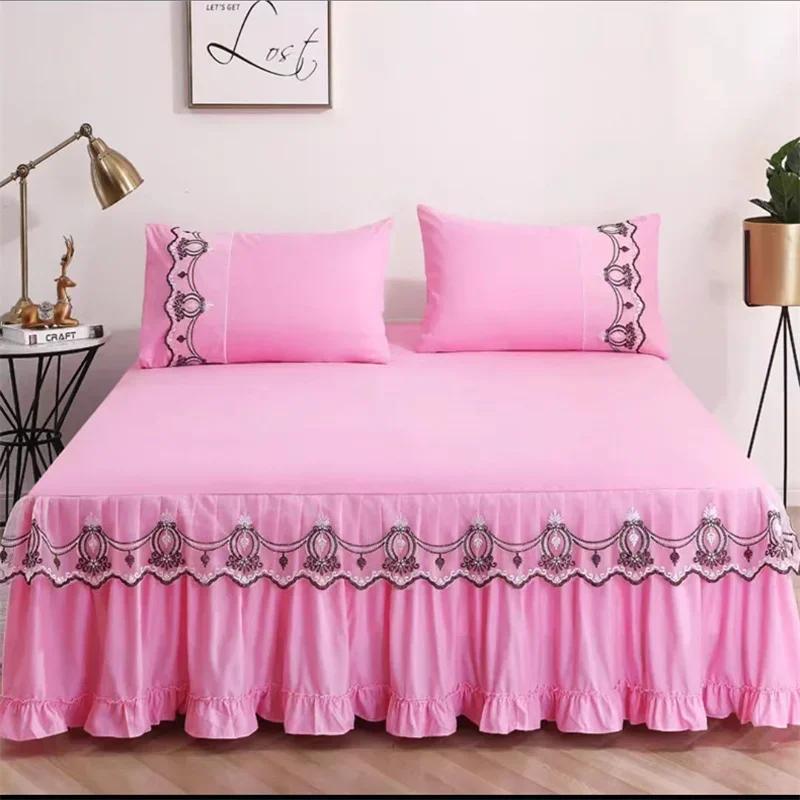 3pcs Bed Skirt Set with Ruffle Lace Anti Slip 1 8x2 0m Bed Cover Solid Mattress Dust Cover Pillowcase