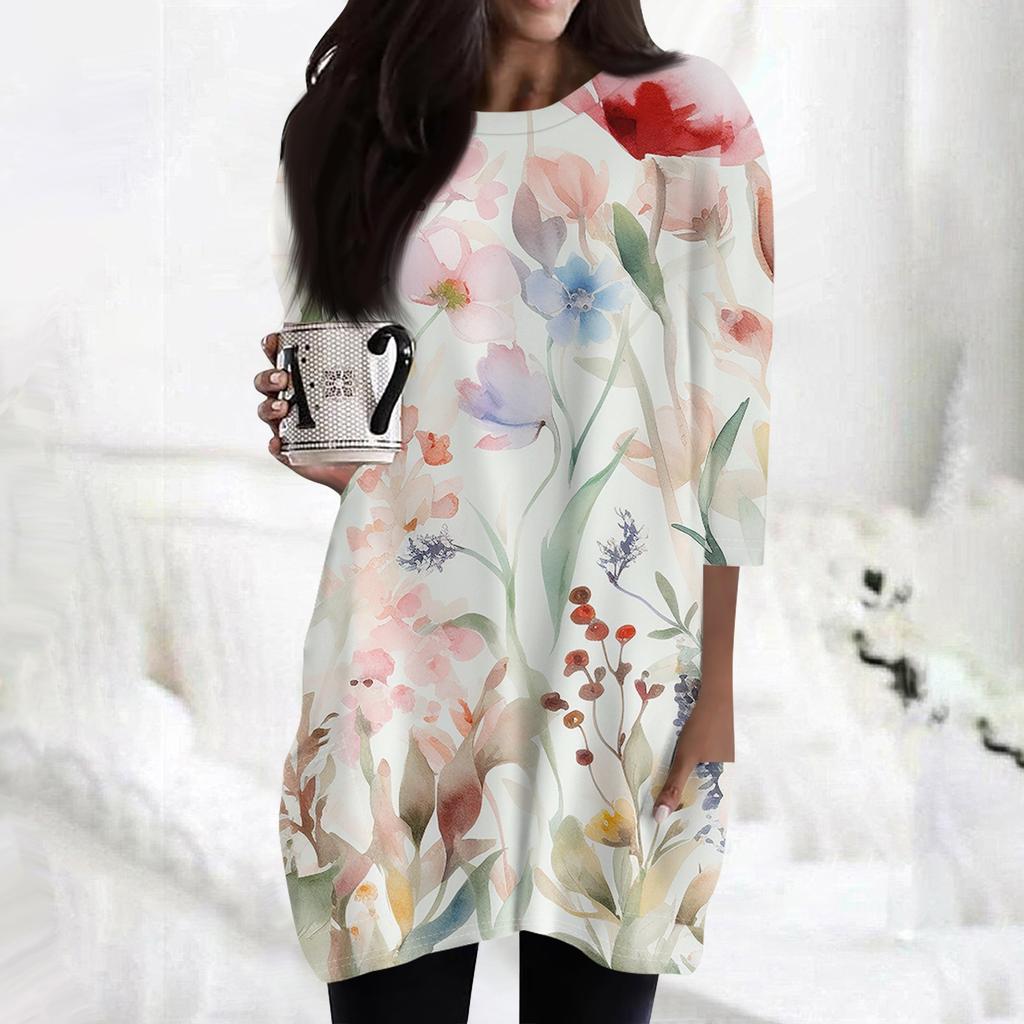 Женская модная повседневная футболка с круглым вырезом и принтом, рукавом 3/4, двойным карманом