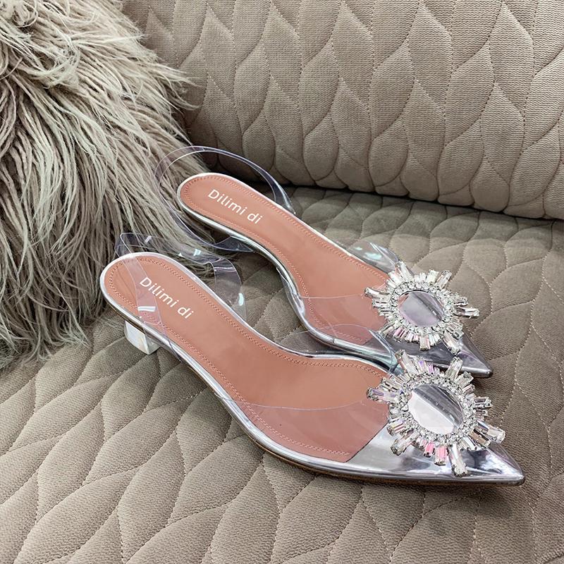 2024 Новые летние женские босоножки с острым носком, прозрачные, с пряжкой из водной бриллиантовой пряжки, на среднем каблуке, модные свадебные туфли с кристаллами