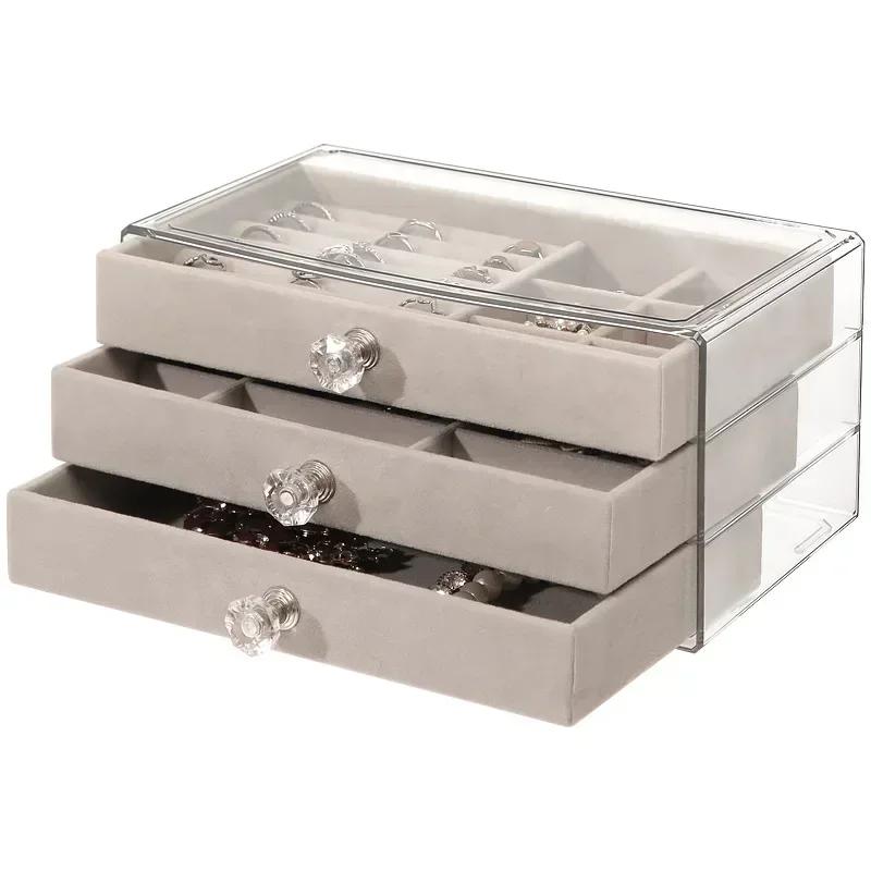 Suitable for women, 3-drawer acrylic velvet jewelry storage box, stackable storage box for earrings, necklaces, and bracelets.