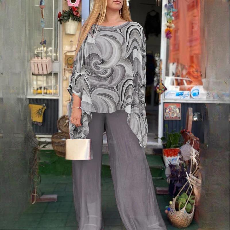 BITCED Летний красочный шифоновый костюм повседневный комплект из двух предметов с принтом и круглым вырезом