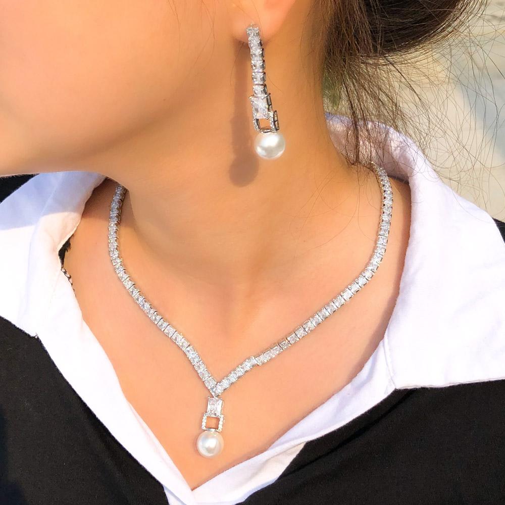 CMM блестящий кубический циркон, свадебное ожерелье из искусственного жемчуга, серьги, вечерние комплекты ювелирных украшений для женщин