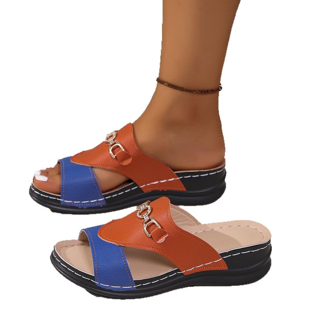 Foreign Trade Large Size Cool Slippers Women 2025 Spring and Summer New 2025 Slope Heel Thick Bottom Outer Wear Slippers Women