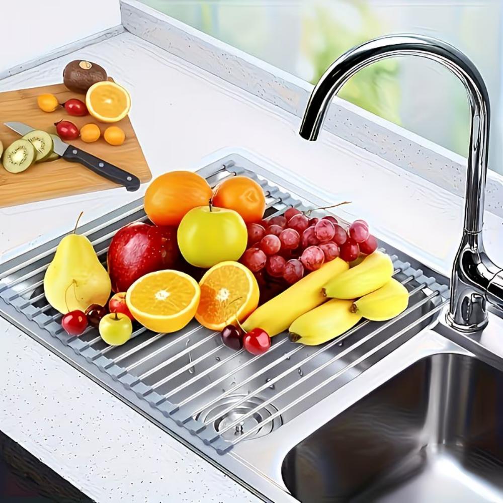 Rollable Foldable Stainless Steel Sink Drying Rack Kitchen Multifunctional Dish Drainer For Vegetable Fruit Storage6