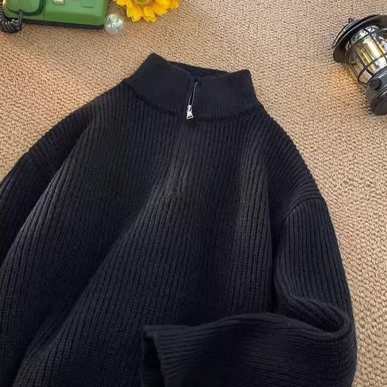 Свободный однотонный вязаный свитер Женский Мужской Весна Осень Воротник-стойка Половина молнии Пуловеры Модный тренд Универсальный трикотаж