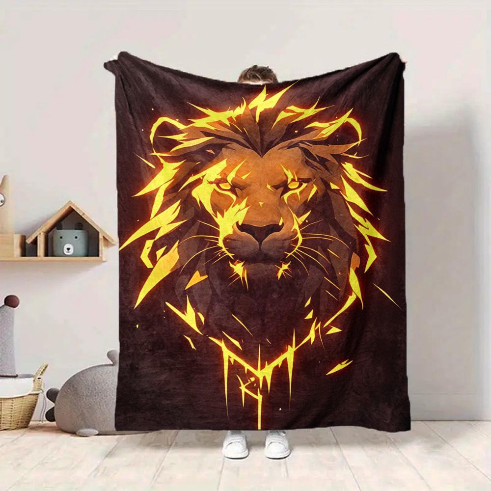 1pc Lion Flame Print Blanket - Lightweight Flannel Throw Blanket For Sofa, Bed, Living Room, Office, Outdoor Travel, Camping, Soft All-Season090