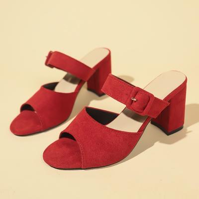 Модные летние новые грубые шлепанцы женские модные с круглым носком открытые замшевые с металлической пряжкой противоскользящие износостойкие на высоком каблуке